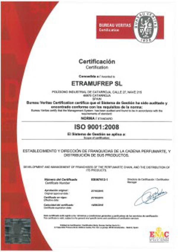 PERFUMARTE, Primera franquicia de Perfumes Española en superar la norma UNE-EN-ISO 9001:2008