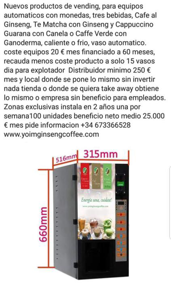 Hagase Operador de Vending, Cafe verde con Ganoderma, Te Matcha Ginseng, etc, bebidas funcionales muy actuales exclusivas aumento actual del 400% en consumo diario
