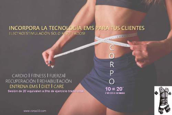 Hazte distribuidor de zona Corpo10 del equipo de electroestimulacion que permite en 20 minuios obtener lo que en 3 horas de fitness