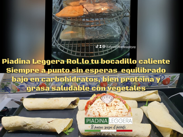 Novedad Mundial.Piadina Leggera, tipo bocadillo, lista para servir o llevar, sin esperas, en 1 segundo a tu disposicion, salado o dulce, bajo en carbohidratos.