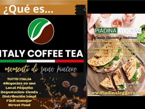 Franquicia Italyl Coffee Tea Store, 4 negocios en uno, bebidas, helados, pizzas, y distribución zonal fuera del establecimiento.