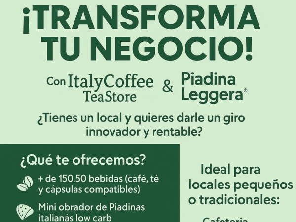 Trasforma tu negocio con las franquicias Italy Coffee Tea Store + Piadina Leggera éxito total.