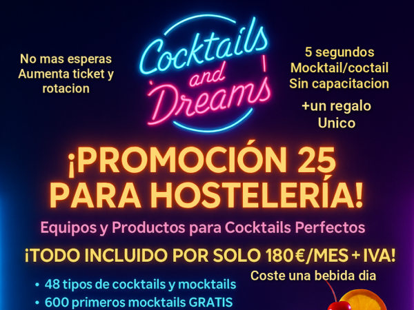 Promocion unica hosteleria sin entrada solo 6 € dia, equipo y producto en tu local, 45 tipos cocktails y mocktails en 5 segundos sin cocktelero