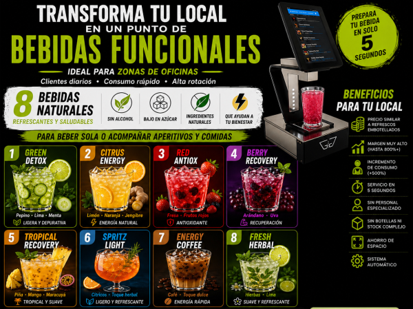 Incorpora en franquicia bebidas funcionales en hostelería, sin conservantes, sin envases, más saludable, bajo en azúcar como Tempo D´italia.