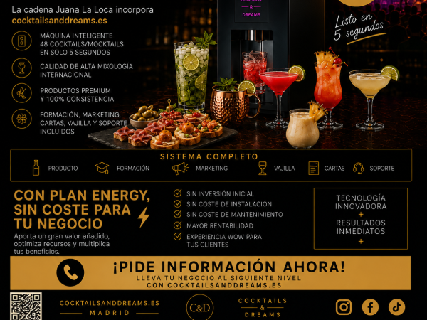 Nueva apertura Cocktailsanddreams.es en Madrid, para abrir local nuevo o bien en local ya existente.