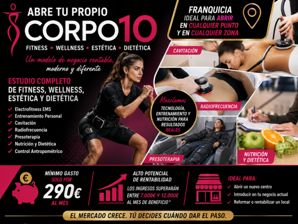 Corpo10.es , 360º, la franquicia mas completa de estudio de wellness, fitness, nutricion, 360 grados, estudio desde 40 m2 o 15 m2 dentro de instalacion ya existente..