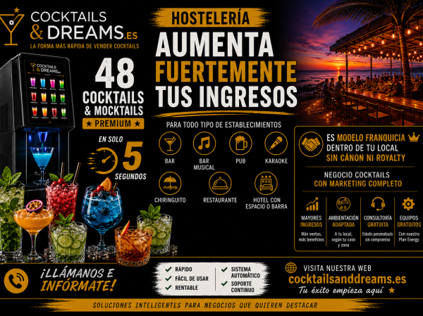Aumenta tus ingresos con la franquicia Cocktails and Dreams, en  tu local sin canon ni royalty.