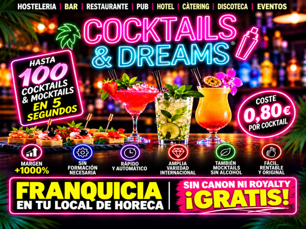 Franquicia para toda la hosteleria maquina y producto exclusivo, 100 cocktails/ mocktails a elegir en 5 segundos sin formacion ni costes de equipos.